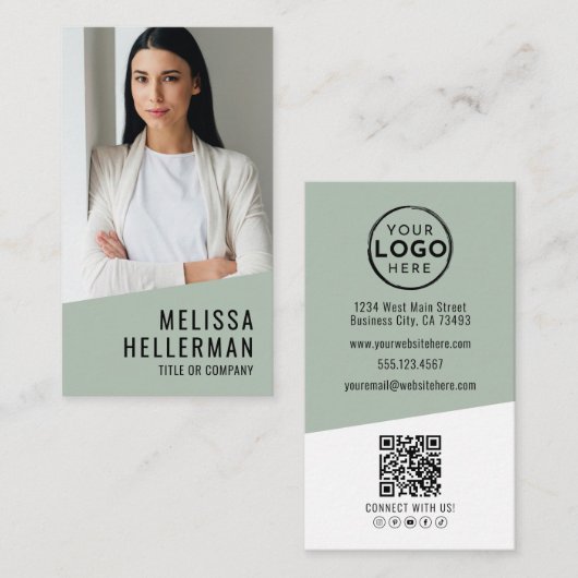 Carte De Visite Code QR Logo Photo Professionnel Vert Vertical (Devant / Derrière)