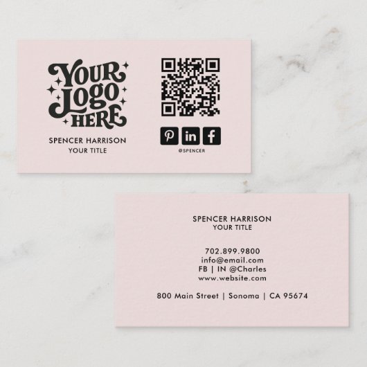 Carte De Visite Code QR Logo Rétro Rose Pâle (Devant / Derrière)
