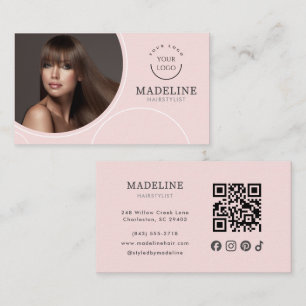 Carte De Visite Code QR Logo Rose Pâle Photo Coiffeur