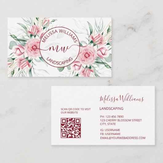 Carte De Visite Code QR | Logo Roses Roses aquarelle (Devant / Derrière)