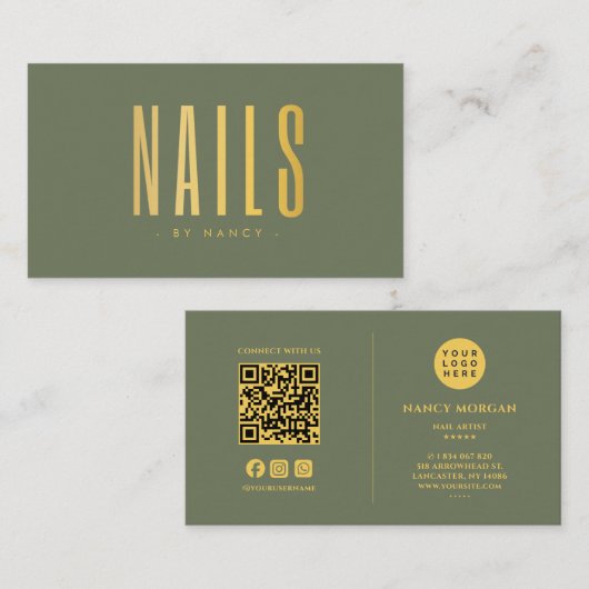 Carte De Visite Code QR Logo Sage Vert Et Or Nail Tech (Devant / Derrière)