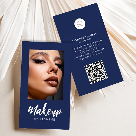 Carte De Visite Code QR Logo Script Bleu Marine Photo Maquillage