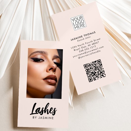 Carte De Visite Code QR Logo Script Rose Pâle Photo Artiste Cils