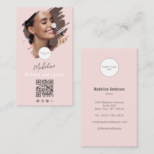 Carte De Visite Code QR Logo Script Rose Pâle Photo Maquillage (Devant / Derrière)