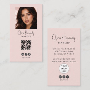 Carte De Visite Code QR Logo Script Rose Pâle Photo Maquillage