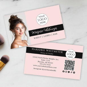 Carte De Visite Code QR Logo Script Rose Pâle Photo Maquillage