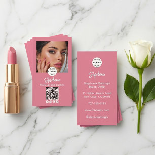 Carte De Visite Code QR Logo Script Rose Pâle Photo Maquillage