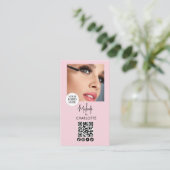 Carte De Visite Code QR Logo Script Rose Pâle Photo Maquillage (Debout devant)