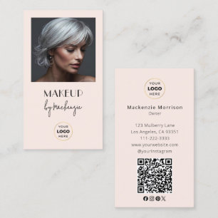 Carte De Visite Code QR Logo Script Rose Pâle Photo Maquillage