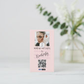 Carte De Visite Code QR Logo Script Rose Pâle Photo Maquillage/Cil (Debout devant)