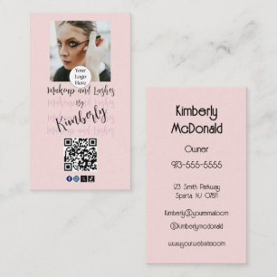 Carte De Visite Code QR Logo Script Rose Pâle Photo Maquillage/Cil