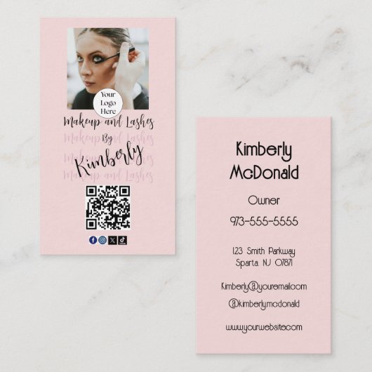 Carte De Visite Code QR Logo Script Rose Pâle Photo Maquillage/Cil (Devant / Derrière)