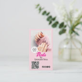 Carte De Visite Code QR Logo Script Rose Pâle Photo Ongles (Debout devant)