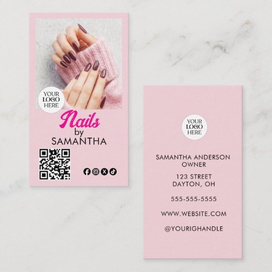 Carte De Visite Code QR Logo Script Rose Pâle Photo Ongles (Devant / Derrière)