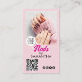 Carte De Visite Code QR Logo Script Rose Pâle Photo Ongles (Devant)