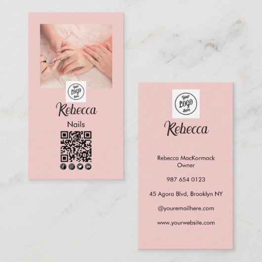 Carte De Visite Code QR Logo Script Rose Pâle Photo Vernis Ongles (Devant / Derrière)