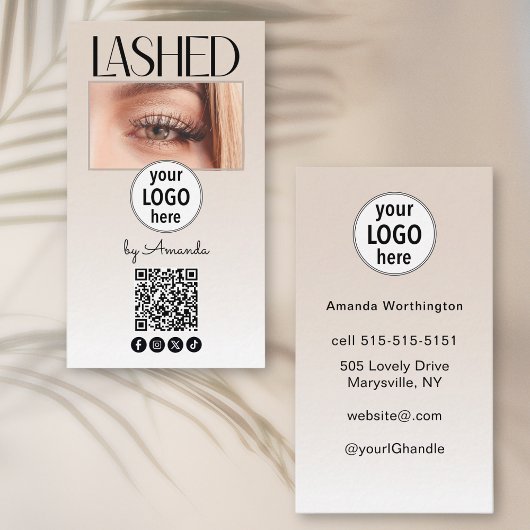 Carte De Visite Code QR Logo Social Beige Blush Lashed