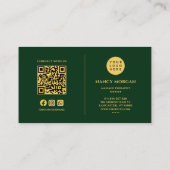 Carte De Visite Code QR Logo Thérapeute de Massage Vert & Or (Dos)