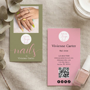 Carte De Visite Code QR Logo Vert Olive Rose Photo Salon de Manucu