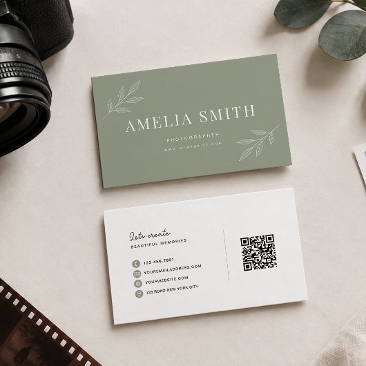 Carte De Visite Code QR Luxe Feuille Florale Vert Sauge