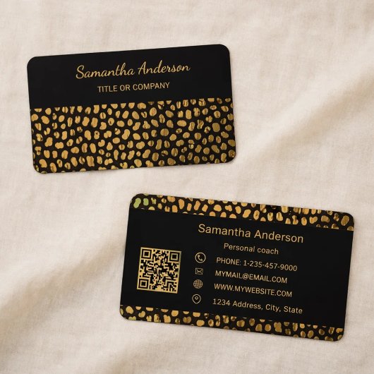 Carte De Visite Code QR luxe impression noir or léopard