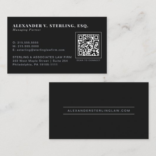 Carte De Visite Code QR Luxe Professionnel Argent Noir Moderne (Devant / Derrière)