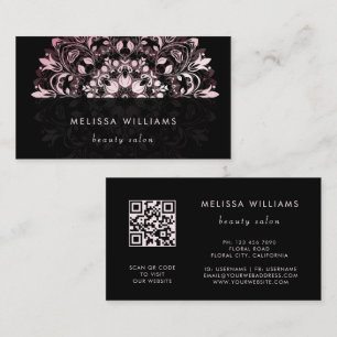 Carte De Visite Code QR Mandala Floral Noir Rose Brillante