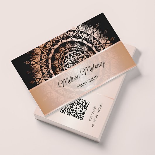 Carte De Visite Code QR Mandala Noir Or Rose