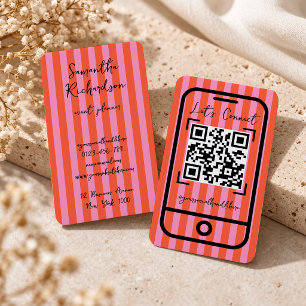 Carte De Visite Code QR manuscrit Cherry Pink Groovy Stripes