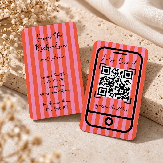 Carte De Visite Code QR manuscrit Cherry Pink Groovy Stripes