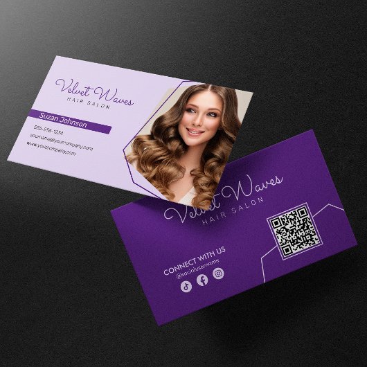Carte De Visite Code QR Maquillage Coiffeur Violet Élégant Moderne