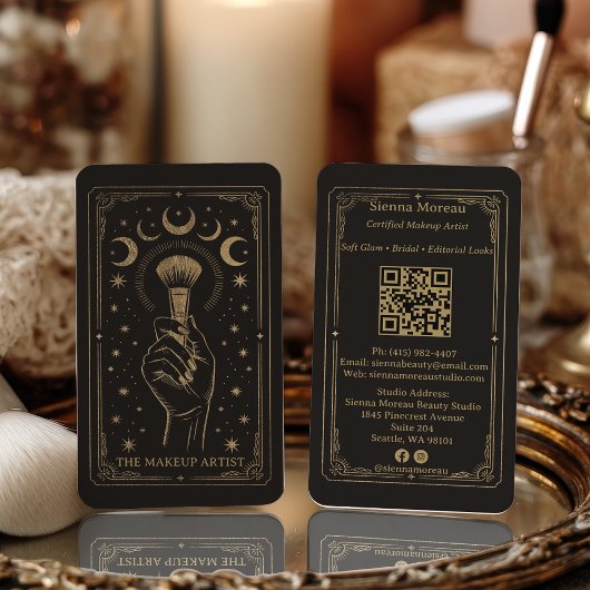 Carte De Visite Code QR Maquillage Tarot Céleste Rétro Or