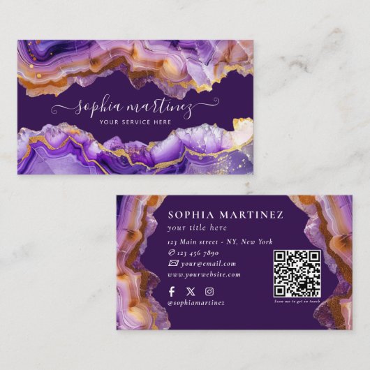 Carte De Visite Code QR marbre abstrait agate violette paillettes (Devant / Derrière)