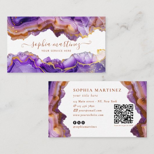 Carte De Visite Code QR marbre doré agate violette abstrait (Devant / Derrière)