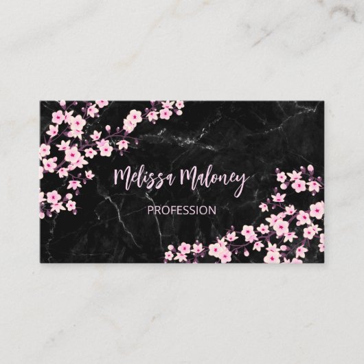 Carte De Visite Code QR | Marbre noir rose Fleurs de cerisiers (Devant)