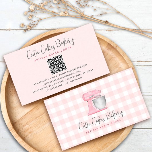 Carte De Visite Code QR mélangeur de cuisine rose pastel Gingham B