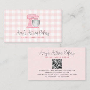 Carte De Visite Code QR mélangeur de cuisine rose pastel Gingham B