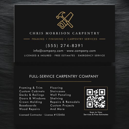 Carte De Visite Code QR Menuiserie Charpenterie Marteau Scie