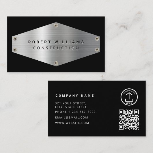 Carte De Visite Code QR Métal Construction Noir Métallisé Argent (Devant / Derrière)