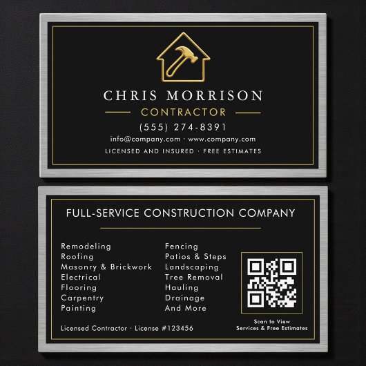 Carte De Visite Code QR métallique Construction de bâtiment noir 