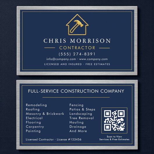 Carte De Visite Code QR métallique Construction de bâtiments Bleu