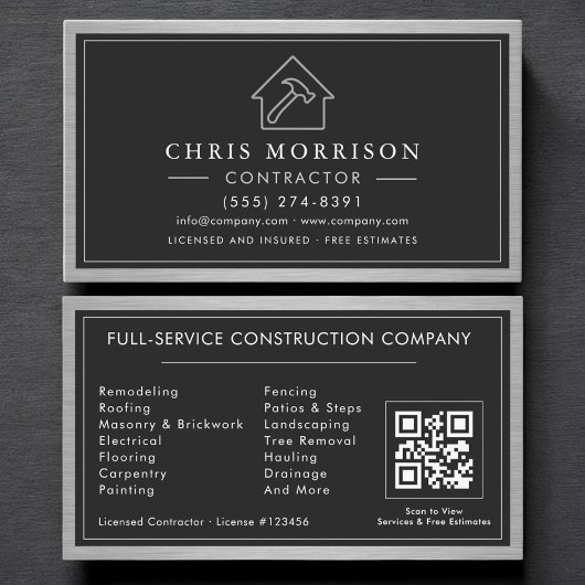 Carte De Visite Code QR métallique noir argenté pour la constructi