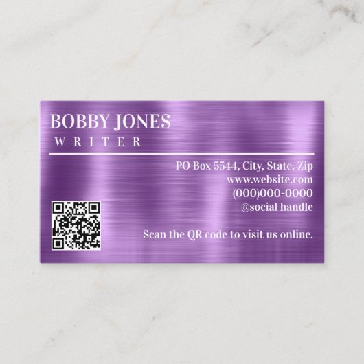 Carte De Visite Code QR métallisé élégant brossé violet (Devant)