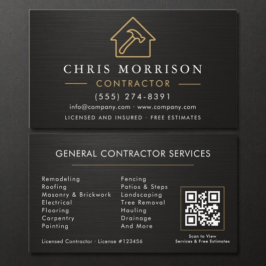 Carte De Visite Code QR métallisé noir et or pour la construction 