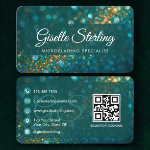 Carte De Visite Code QR Microblading Pailleté Or Sarcelle 