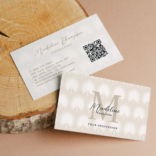 Carte De Visite Code QR minimal Beige Anahaw Script de feuille Mon