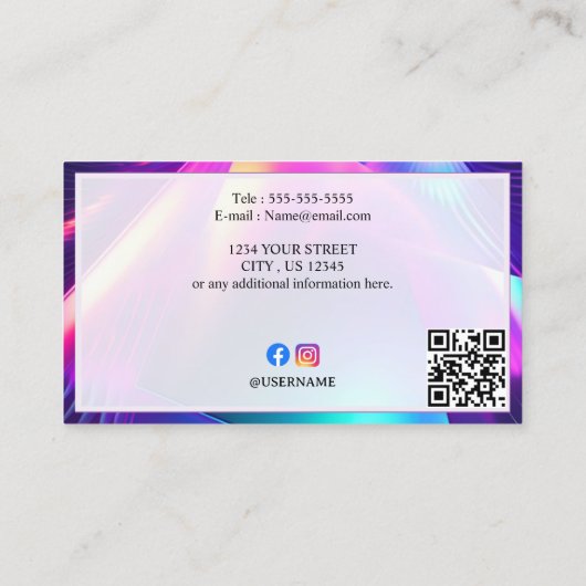 Carte De Visite Code QR minimal holographique de luxe et médias so (Dos)