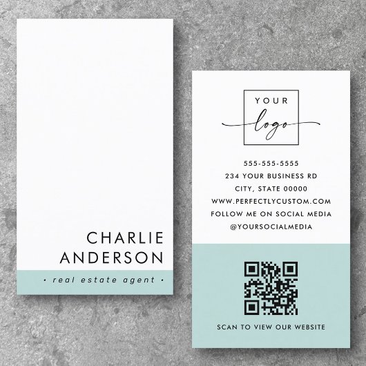 Carte De Visite Code QR minimal moderne aqua bleu blanc vertical