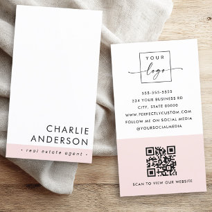 Carte De Visite Code QR minimal moderne blaireau rose blanc vertic