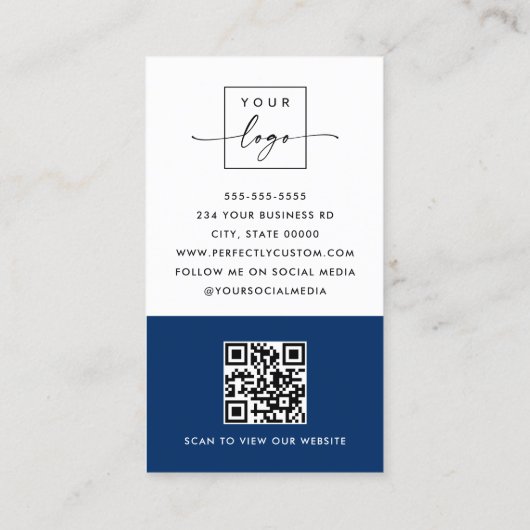 Carte De Visite Code QR minimal moderne bleu foncé blanc vertical (Dos)